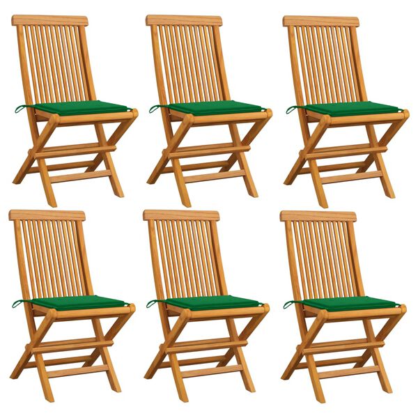 vidaXL Garden Chairs with Green Cushions 6 pcs Solid Teak Wood