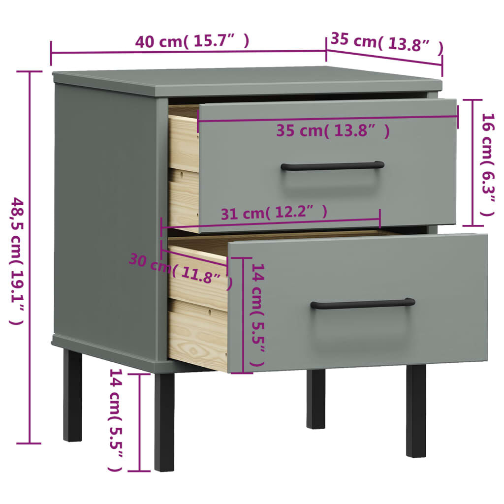 vidaXL Bedside Cabinet with Metal Legs Grey Solid Wood Pine OSLO