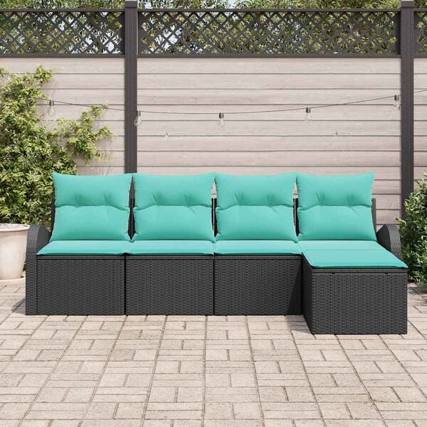 vidaXL Sofa Set with Cushion 5 pcs Black and Turquoise Poly Rattan