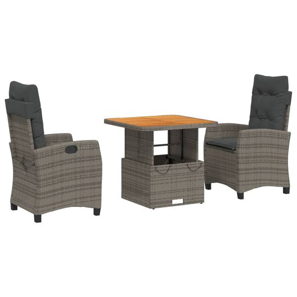 vidaXL 3 Piece Garden Dining Set with Cushions Grey Poly Rattan