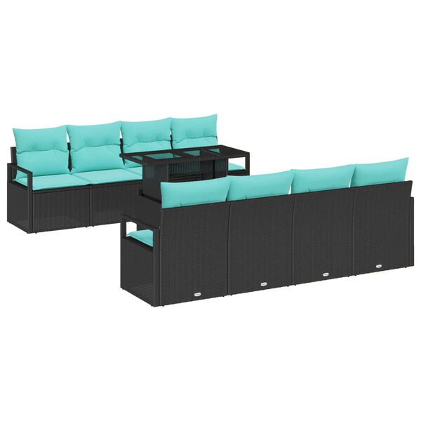 vidaXL 9 Piece Garden Sofa Set with Cushions Black Poly Rattan
