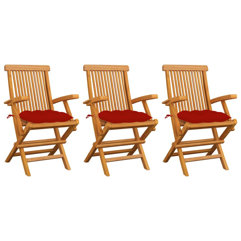 vidaXL Garden Chairs with Red Cushions 3 pcs Solid Teak Wood