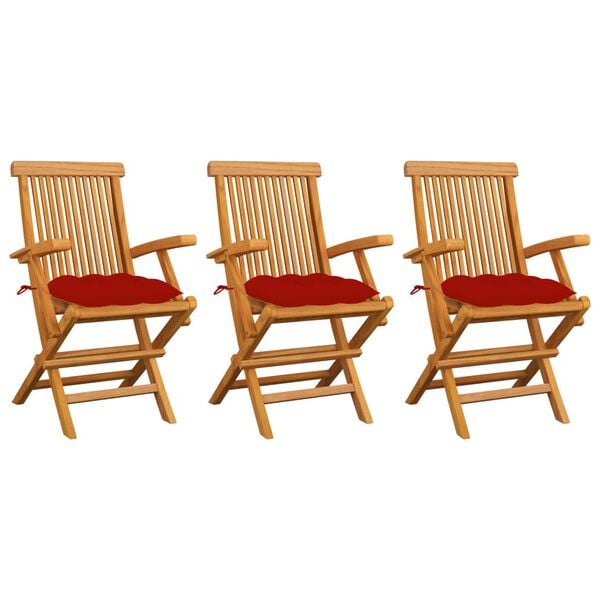 vidaXL Garden Chairs with Red Cushions 3 pcs Solid Teak Wood