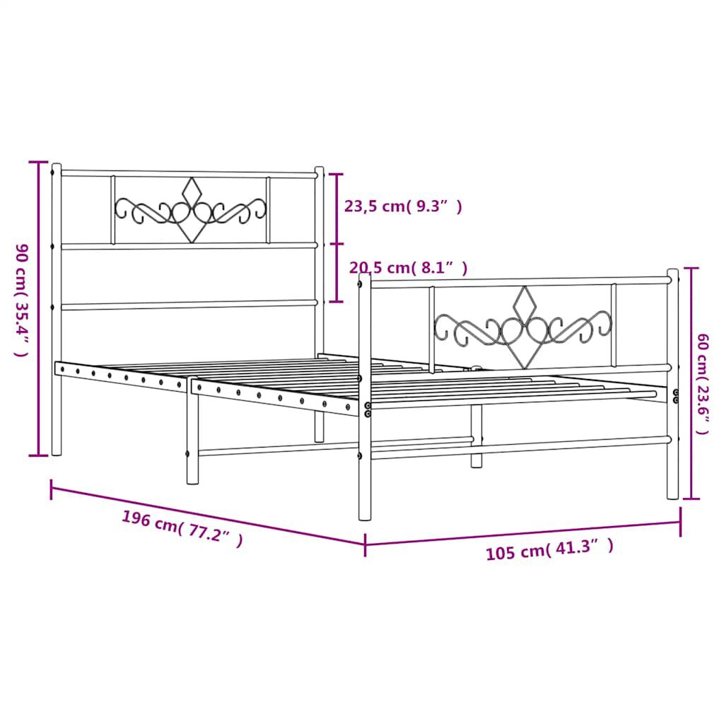 vidaXL Metal Bed Frame without Mattress with Footboard White 100x190cm