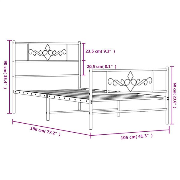 vidaXL Metal Bed Frame without Mattress with Footboard White 100x190cm