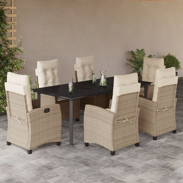 vidaXL 7 Piece Garden Dining Set with Cushions Beige Poly Rattan