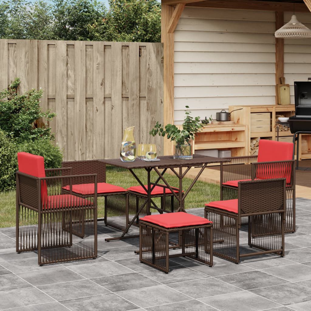 vidaXL 7 Piece Garden Dining Set with Cushions Brown Poly Rattan