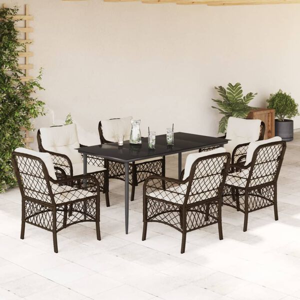 vidaXL 7 Piece Garden Dining Set with Cushions Brown Poly Rattan