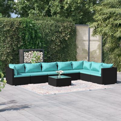 vidaXL 8 Piece Garden Lounge Set with Cushions Poly Rattan Black