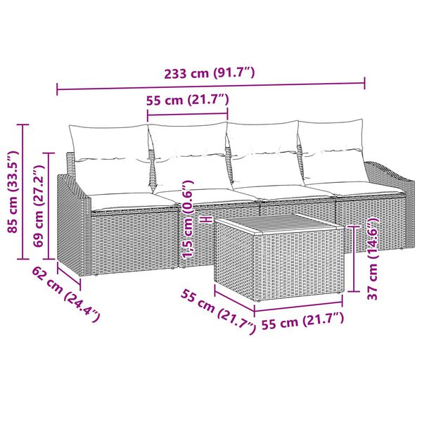 vidaXL 5 Piece Garden Sofa Set with Cushions Black Poly Rattan Acacia