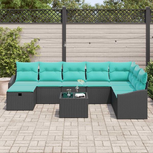 vidaXL 9 Piece Garden Sofa Set with Cushions Black Poly Rattan
