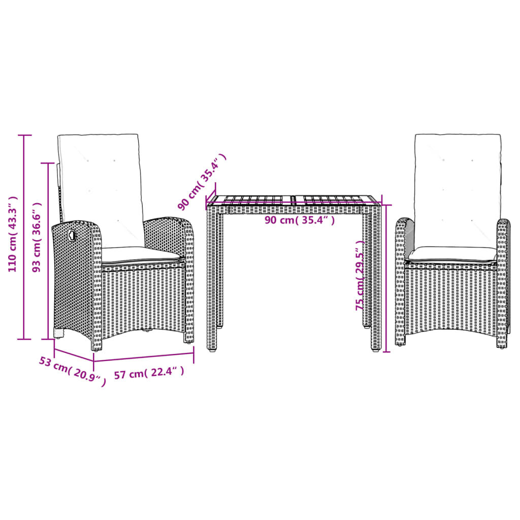 vidaXL 3 Piece Garden Dining Set with Cushions Black Poly Rattan