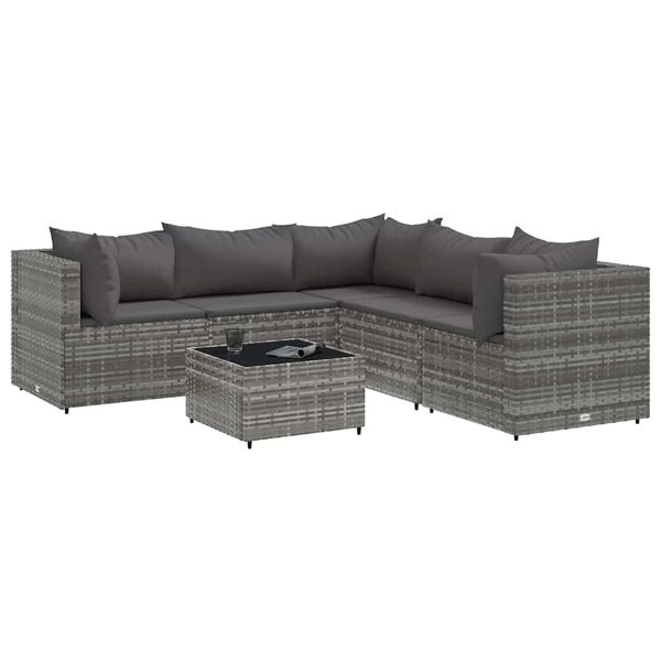 vidaXL 6 Piece Garden Lounge Set with Cushions Grey Poly Rattan
