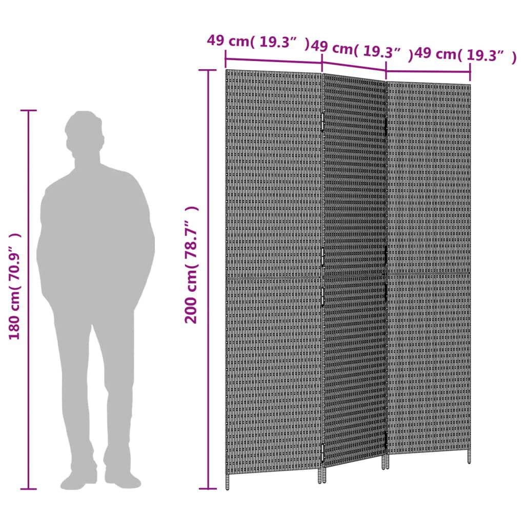 vidaXL Room Divider 3 Panels Grey Poly Rattan