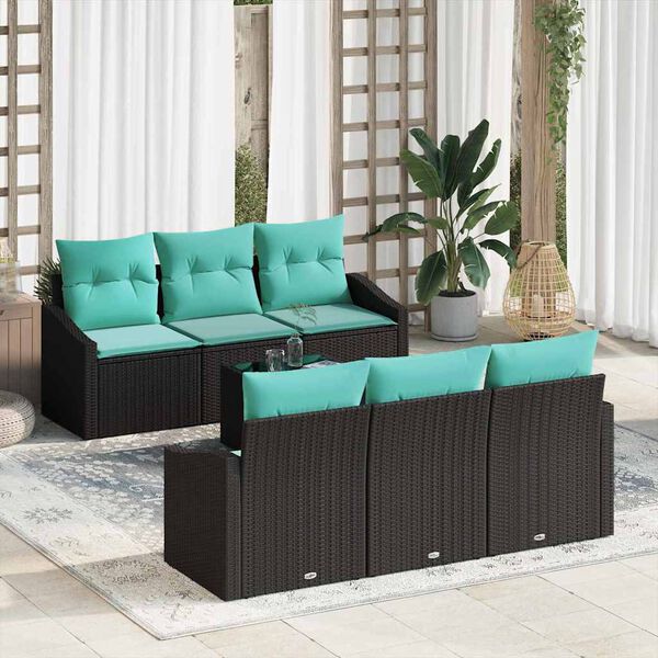 vidaXL Sofa Set with Cushion 7 pcs Black and Turquiose Poly Rattan