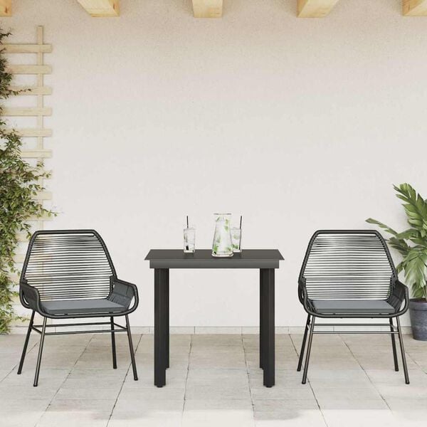vidaXL 3 Piece Garden Dining Set with Cushions Black Poly Rattan Glass