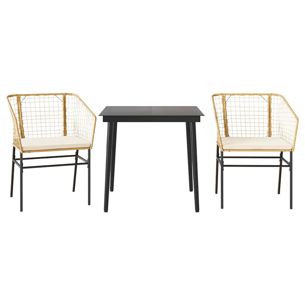 vidaXL 3 Piece Garden Dining Set with Cushions Brown Poly Rattan Glass