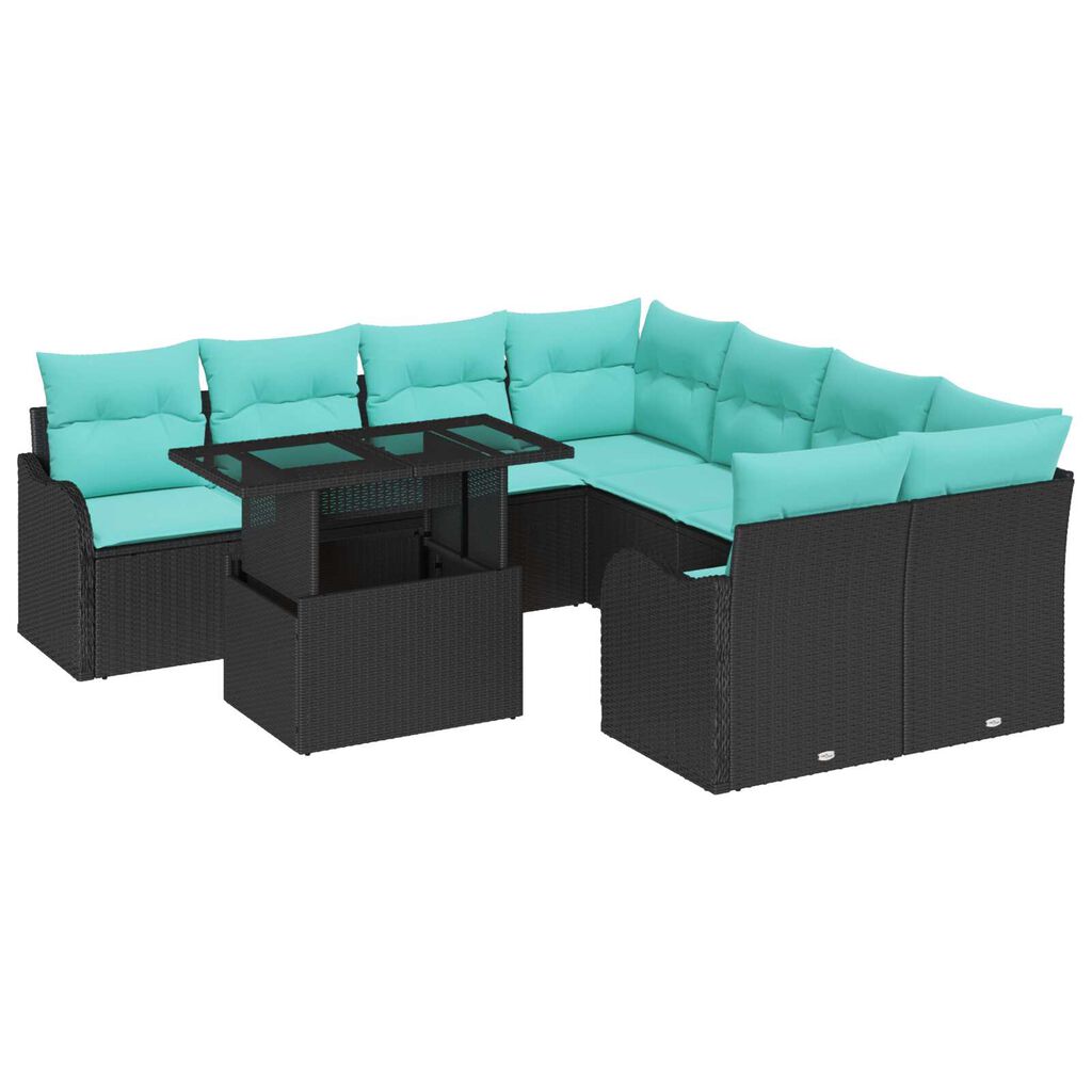 vidaXL 9 Piece Garden Sofa Set with Cushions Black Poly Rattan