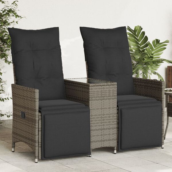 vidaXL Reclining Garden Sofa 2-Seater with Table Grey Poly Rattan