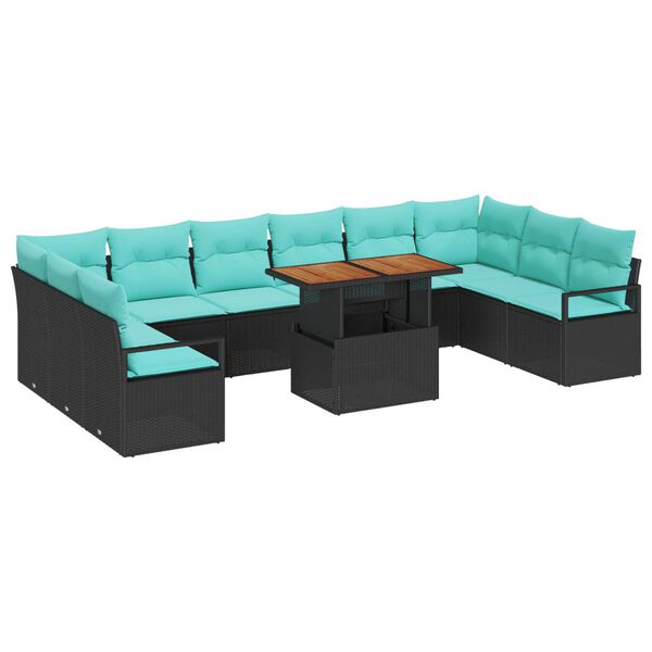 vidaXL 11 Piece Garden Sofa Set with Cushions Black Poly Rattan Acacia