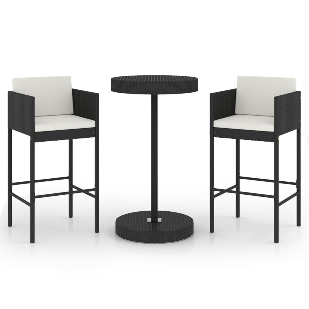 vidaXL 3 Piece Garden Bar Set with Cushions Poly Rattan Black