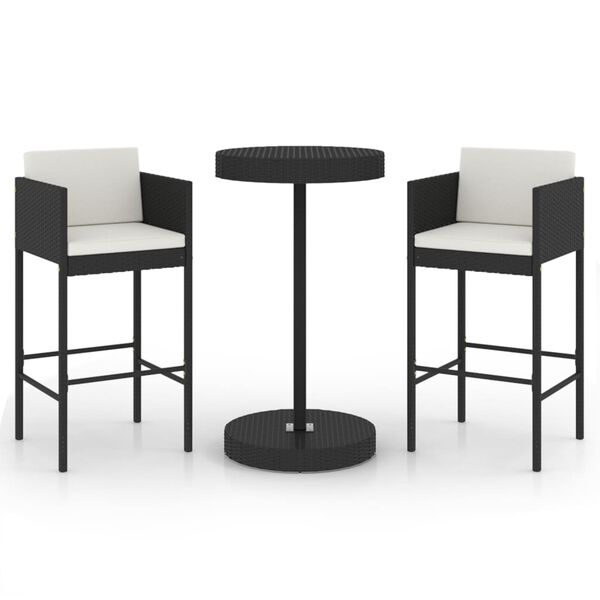 vidaXL 3 Piece Garden Bar Set with Cushions Poly Rattan Black