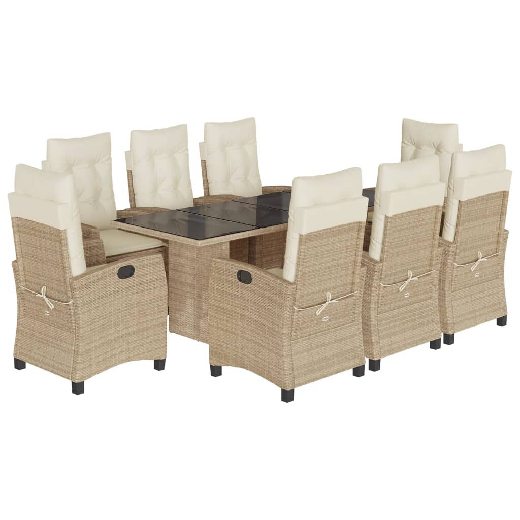 vidaXL 9 Piece Garden Dining Set with Cushions Beige Poly Rattan