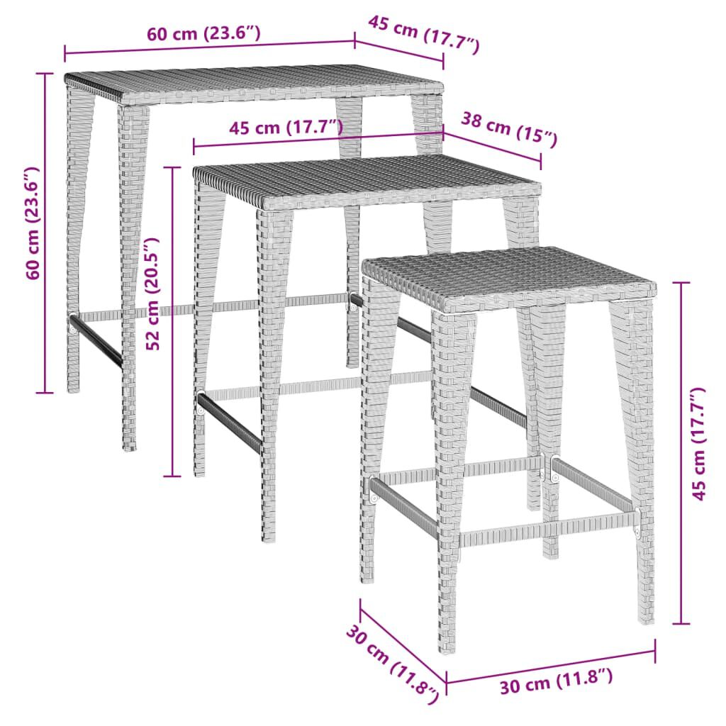 vidaXL Garden Nesting Tables 3 pcs Brown Poly Rattan