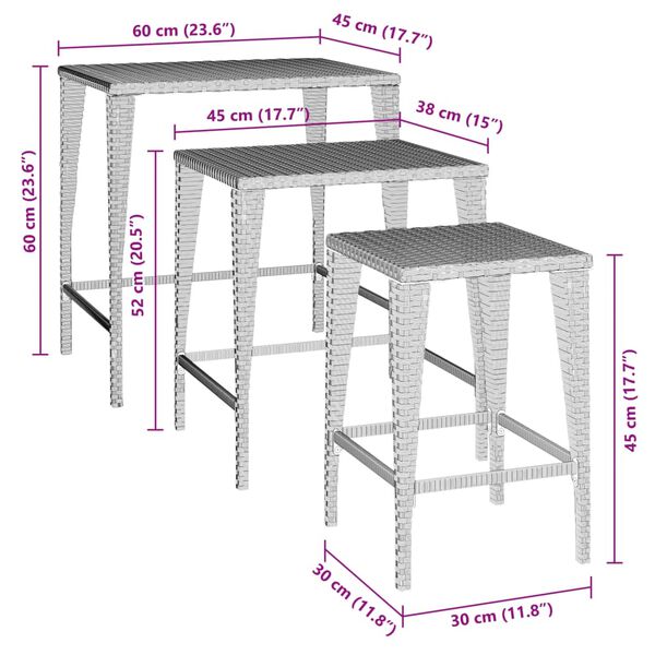 vidaXL Garden Nesting Tables 3 pcs Brown Poly Rattan