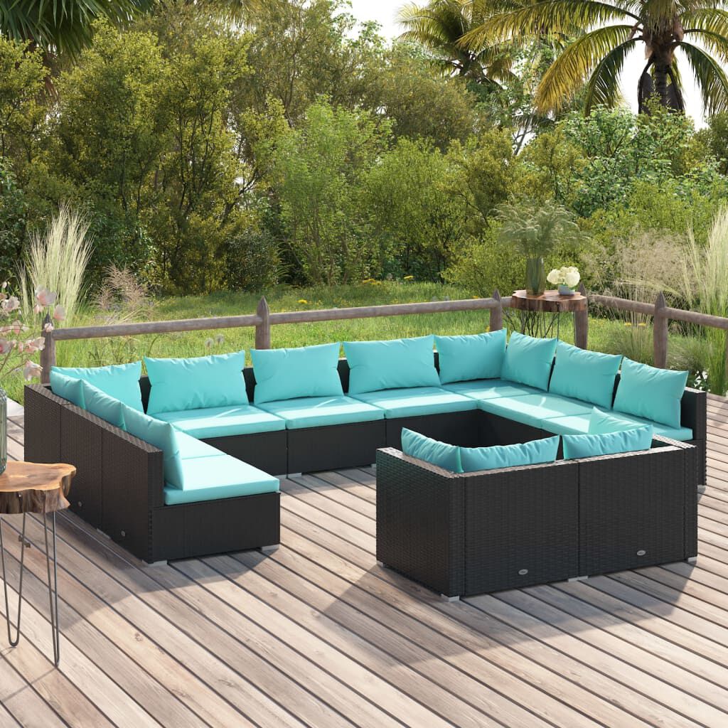 vidaXL 11 Piece Garden Lounge Set with Cushions Black Poly Rattan