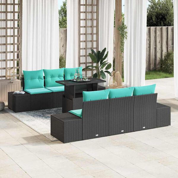 vidaXL Sofa Set with Cushion Manual 7 pcs Black and Blue Poly Rattan