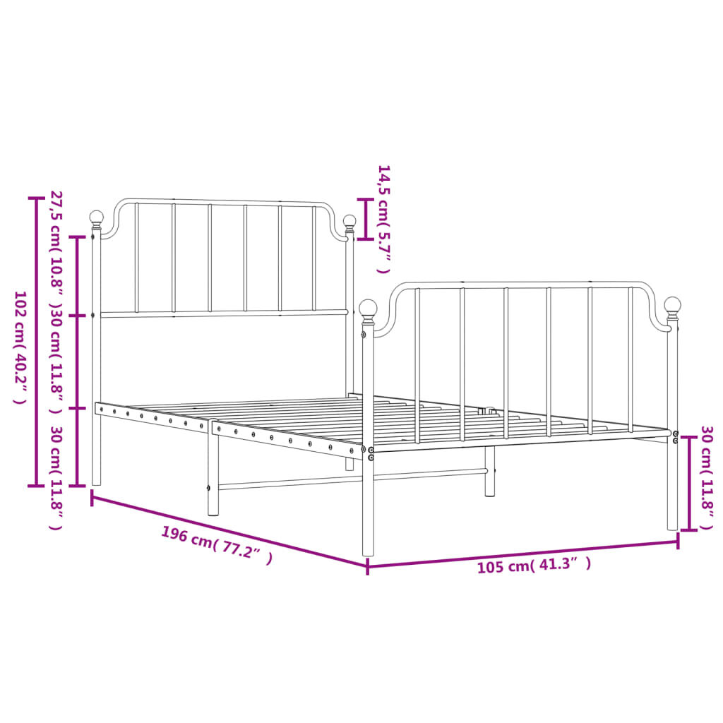 vidaXL Metal Bed Frame without Mattress with Footboard Black 100x190cm
