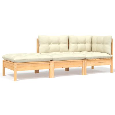 vidaXL 3 Piece Garden Lounge Set with Cream Cushions Solid Pinewood