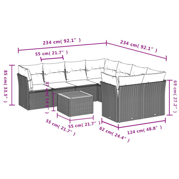 vidaXL 9 Piece Garden Sofa Set with Cushions Beige Poly Rattan