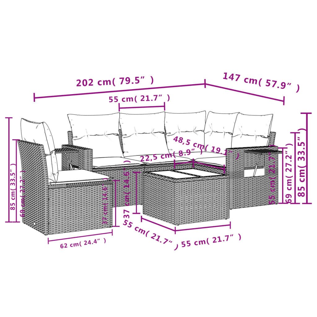 vidaXL 6 Piece Garden Sofa Set with Cushions Beige Poly Rattan