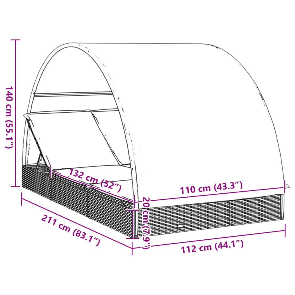 vidaXL 2-Person Sunbed with Round Roof Brown 211x112x140 cm Poly Rattan
