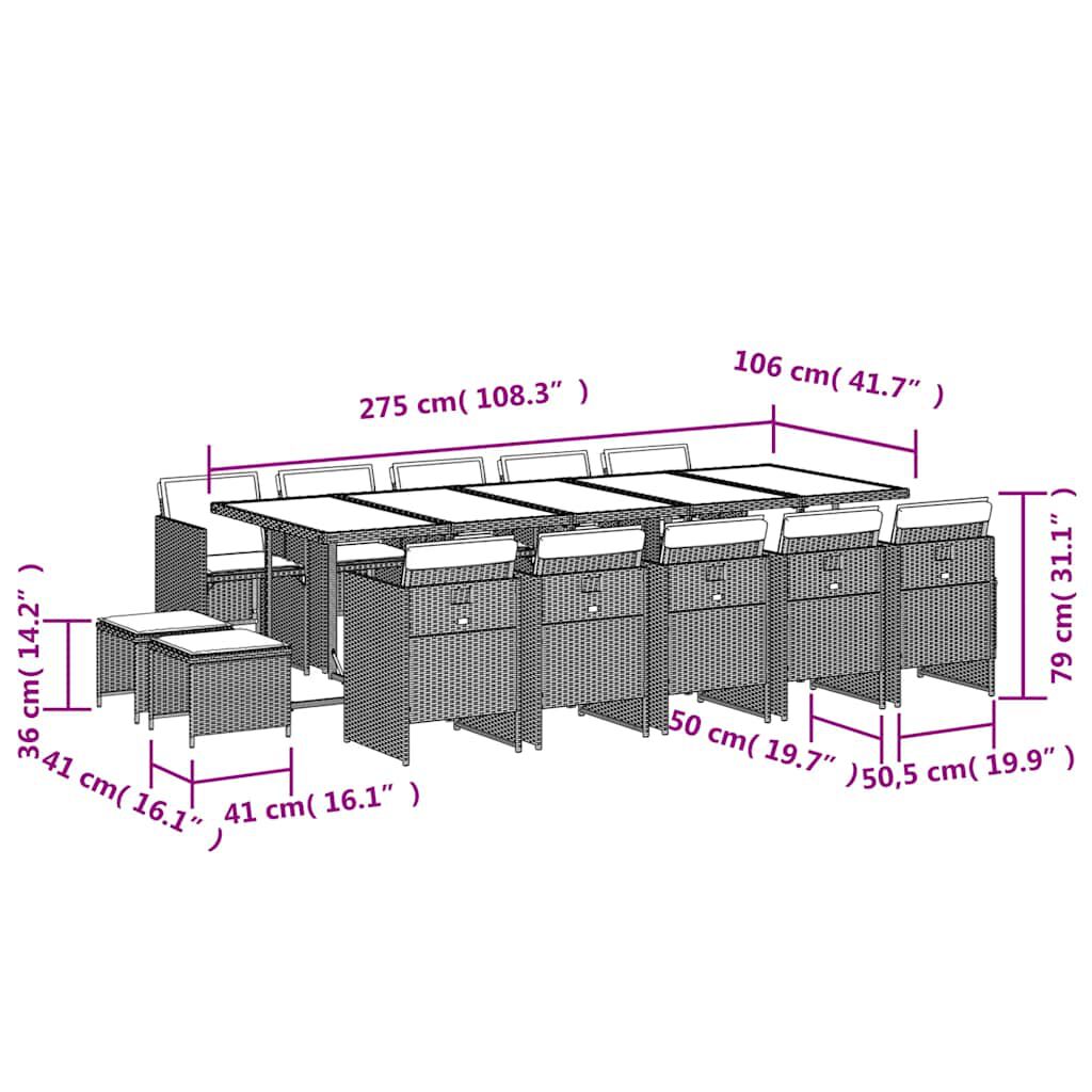 vidaXL 15 Piece Garden Dining Set with Cushions Grey Poly Rattan