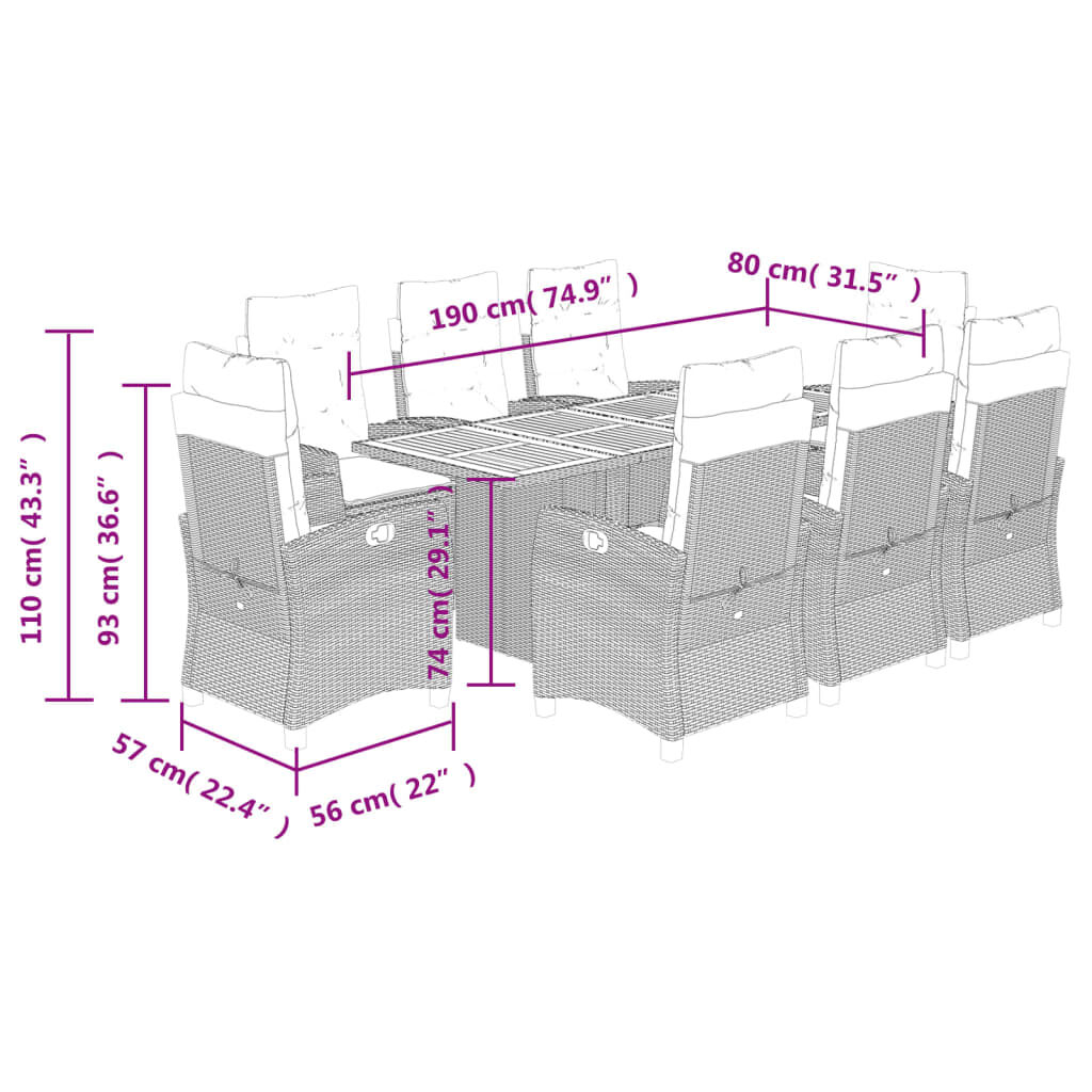 vidaXL 9 Piece Garden Dining Set with Cushions Black Poly Rattan
