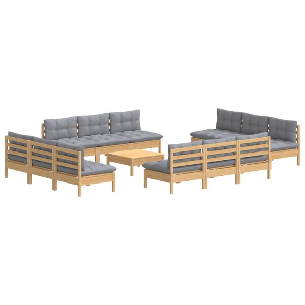 vidaXL 13 Piece Garden Lounge Set with Grey Cushions Pinewood
