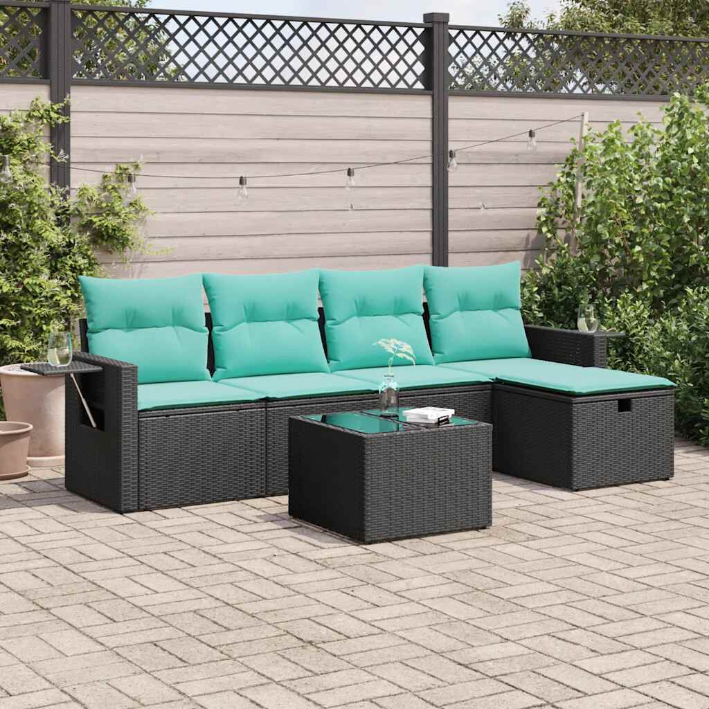vidaXL 5 Piece Garden Sofa Set with Cushions Black Poly Rattan