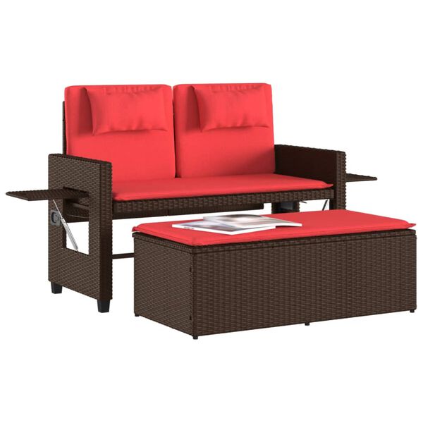 vidaXL Reclining Garden Bench with Cushions Brown Poly Rattan