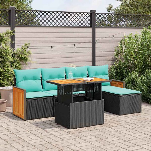 vidaXL 6 Piece Garden Sofa Set with Cushions Black Poly Rattan Acacia