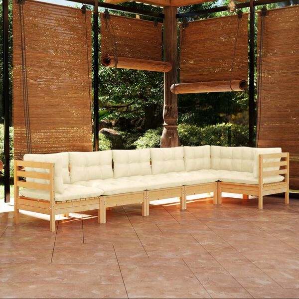 vidaXL 6 Piece Garden Lounge Set with Cream Cushions Pinewood