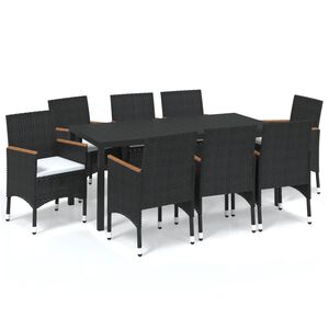 vidaXL 9 Piece Garden Dining Set with Cushions Poly Rattan Black