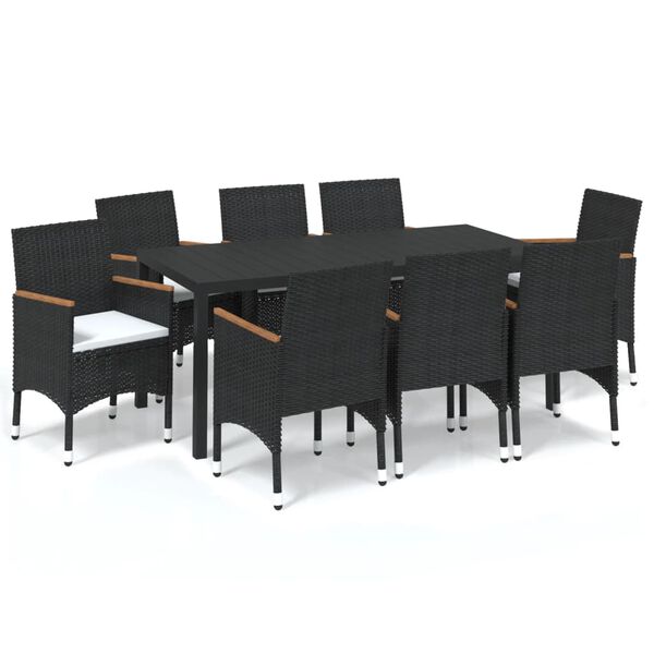 vidaXL 9 Piece Garden Dining Set with Cushions Poly Rattan Black