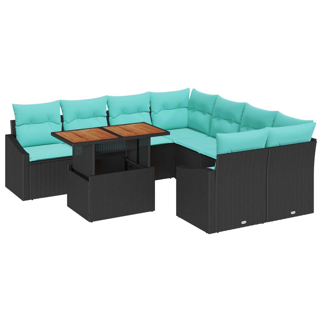 vidaXL 9 Piece Garden Sofa Set with Cushions Black Poly Rattan Acacia