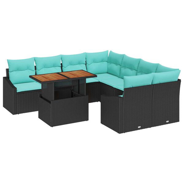 vidaXL 9 Piece Garden Sofa Set with Cushions Black Poly Rattan Acacia