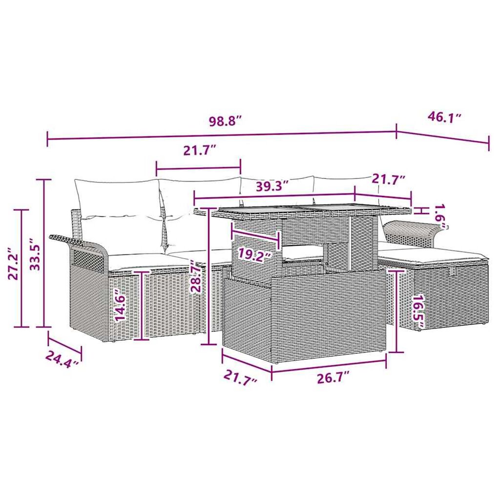 vidaXL Garden Sofa Set Height-Adjustable 6 pcs Black Poly Rattan