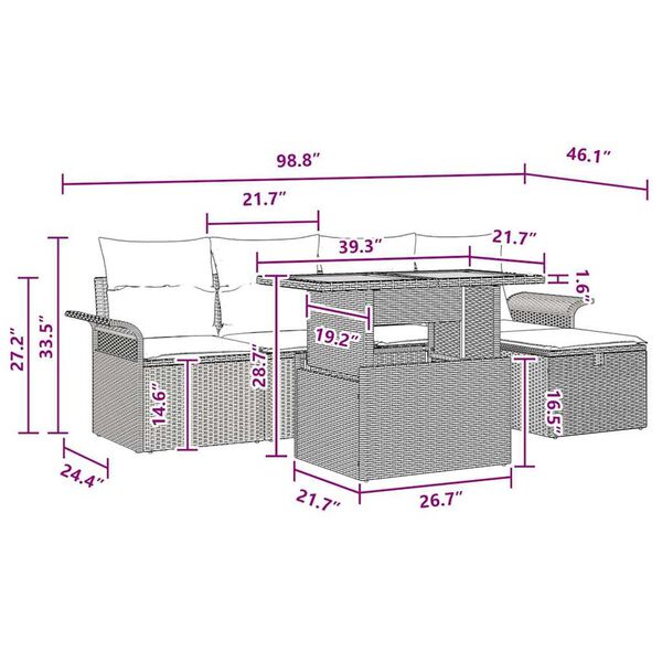 vidaXL Garden Sofa Set Height-Adjustable 6 pcs Black Poly Rattan