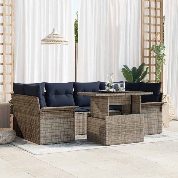 vidaXL Garden Sofa Set with Cushion 7 pcs Grey Poly Rattan